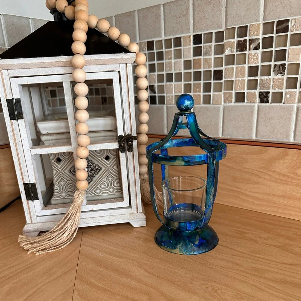 Handcrafted blue metal lantern votive holder with glass cup decorative accent
